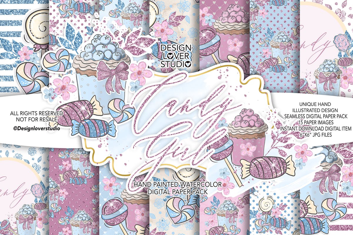 糖果女孩水彩花卉剪贴画合集 Candy Girl digital paper pack