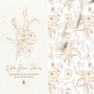 白色梦幻花卉手绘图案矢量素材 White Dream Flowers