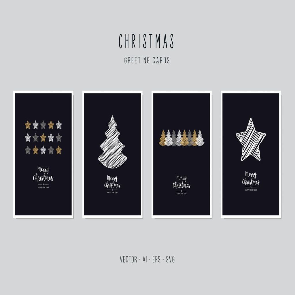 星星&圣诞树手绘圣诞节矢量贺卡模板集v2 Christmas Greeting Vector Card Set插图