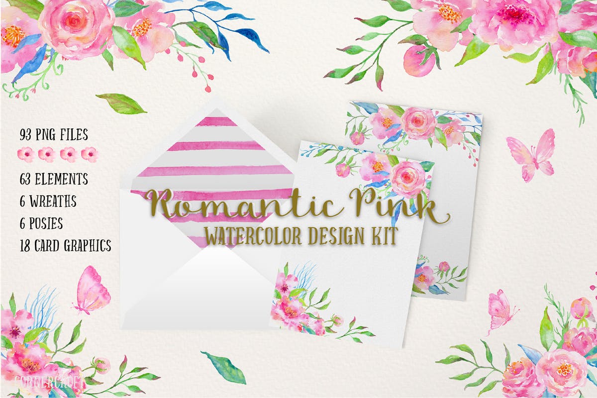 浪漫粉红色水彩插画设计素材合集 Watercolor Design Kit Romantic Pink