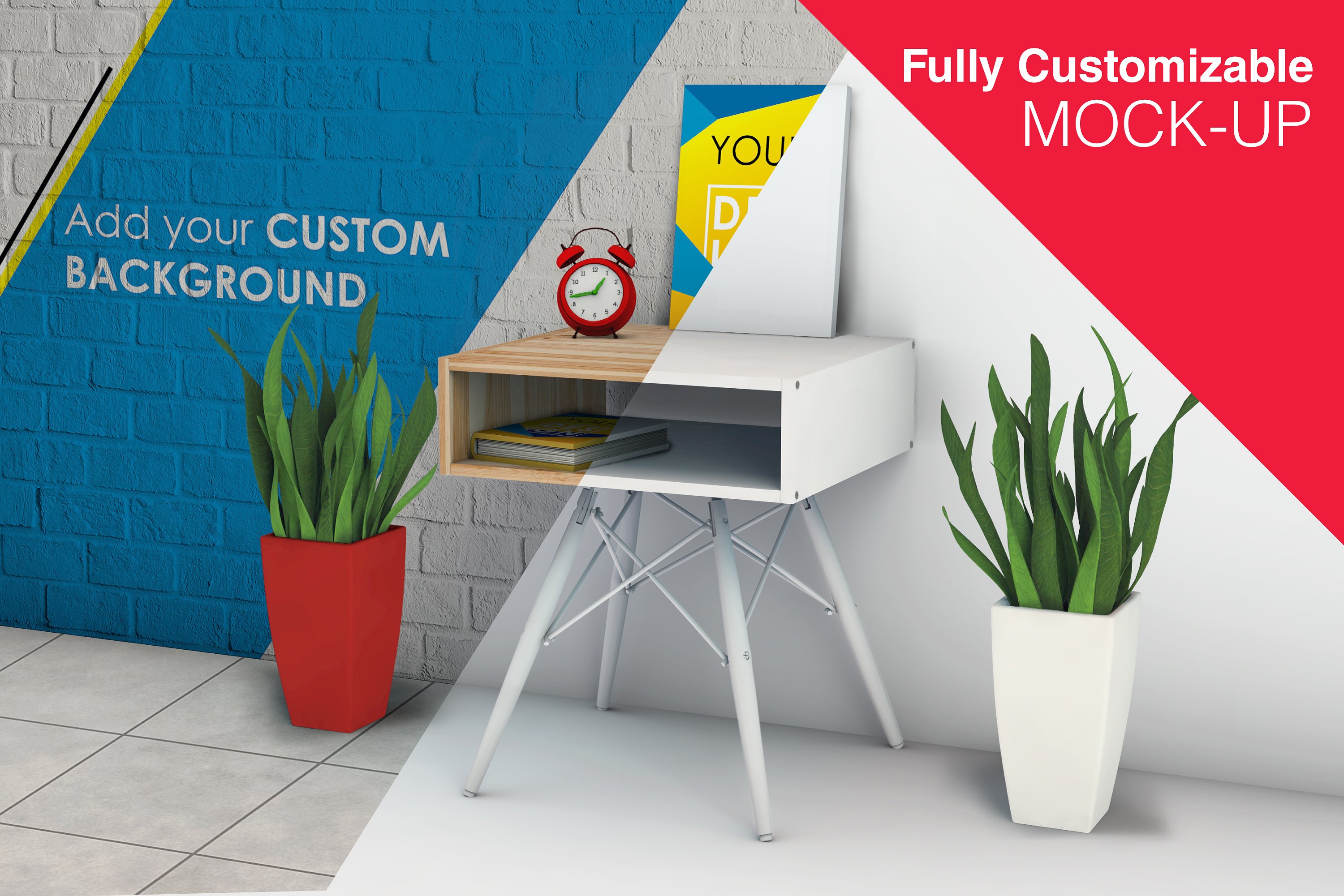 简约固定式办公桌和海报模型Mockups