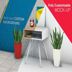 简约固定式办公桌和海报模型Mockups