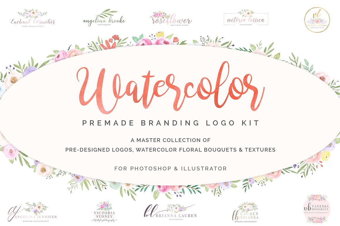 超级水彩风 Logo 设计素材包 Watercolor Premade Branding Logo Kit [模板、纹理&元素]