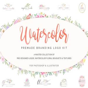 超级水彩风 Logo 设计素材包 Watercolor Premade Branding Logo Kit [模板、纹理&元素]