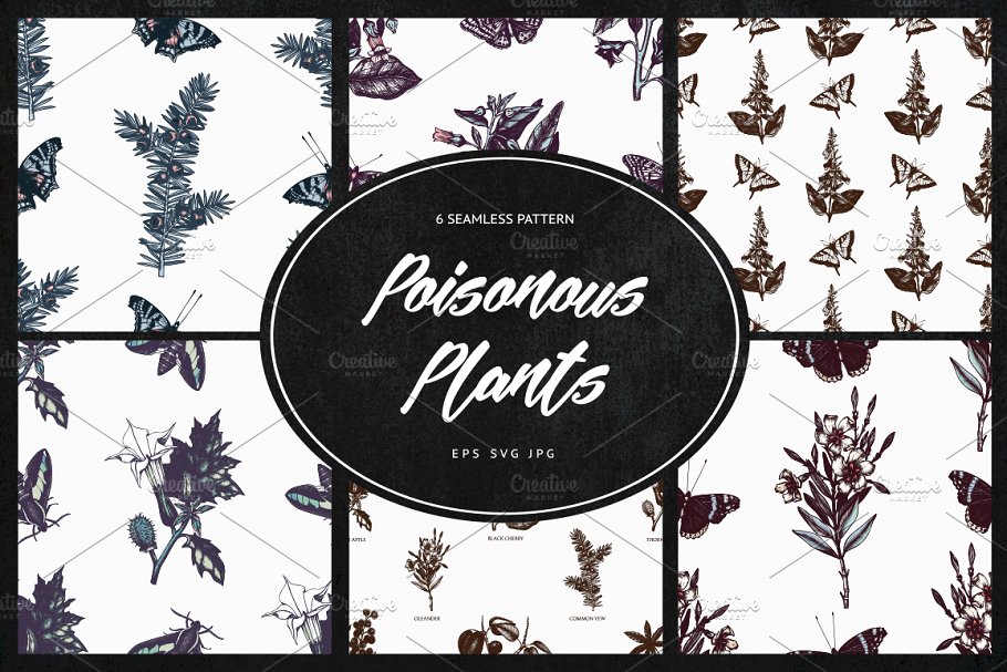 无缝有毒植物蝴蝶图案纹理 Poisonous Plants & Flowers Patterns