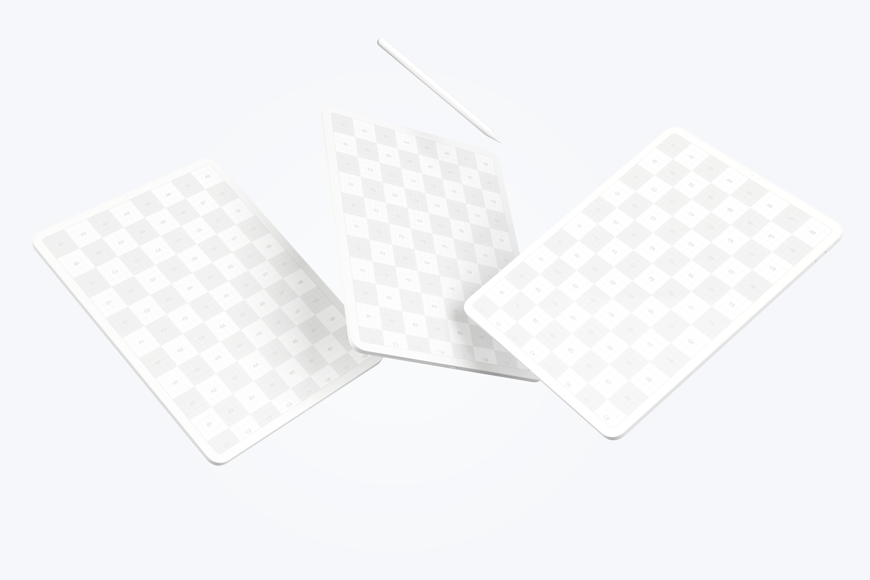 iPad Pro平板电脑屏幕界面设计多角度预览图黏土样机 Clay iPad Pro 12.9” Mockup, Floating