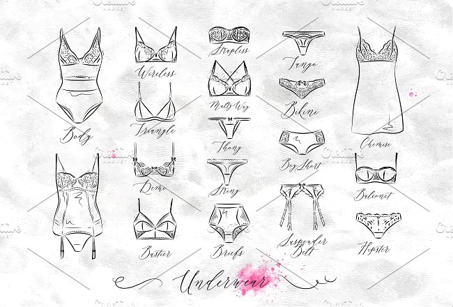 女性内衣文胸素描风格图标 Set Underwear Icons