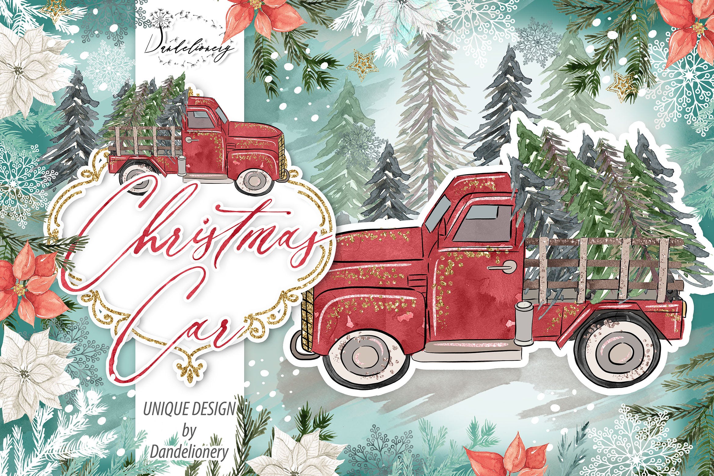 圣诞节节日主题水彩手绘汽车设计剪贴画PNG素材 Christmas Car design