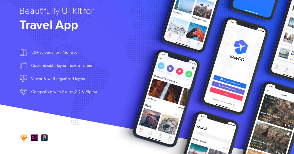 旅行旅游APP界面设计UI套件SKETCH模板 EasyGo – Travel App UI Kit for SKETCH