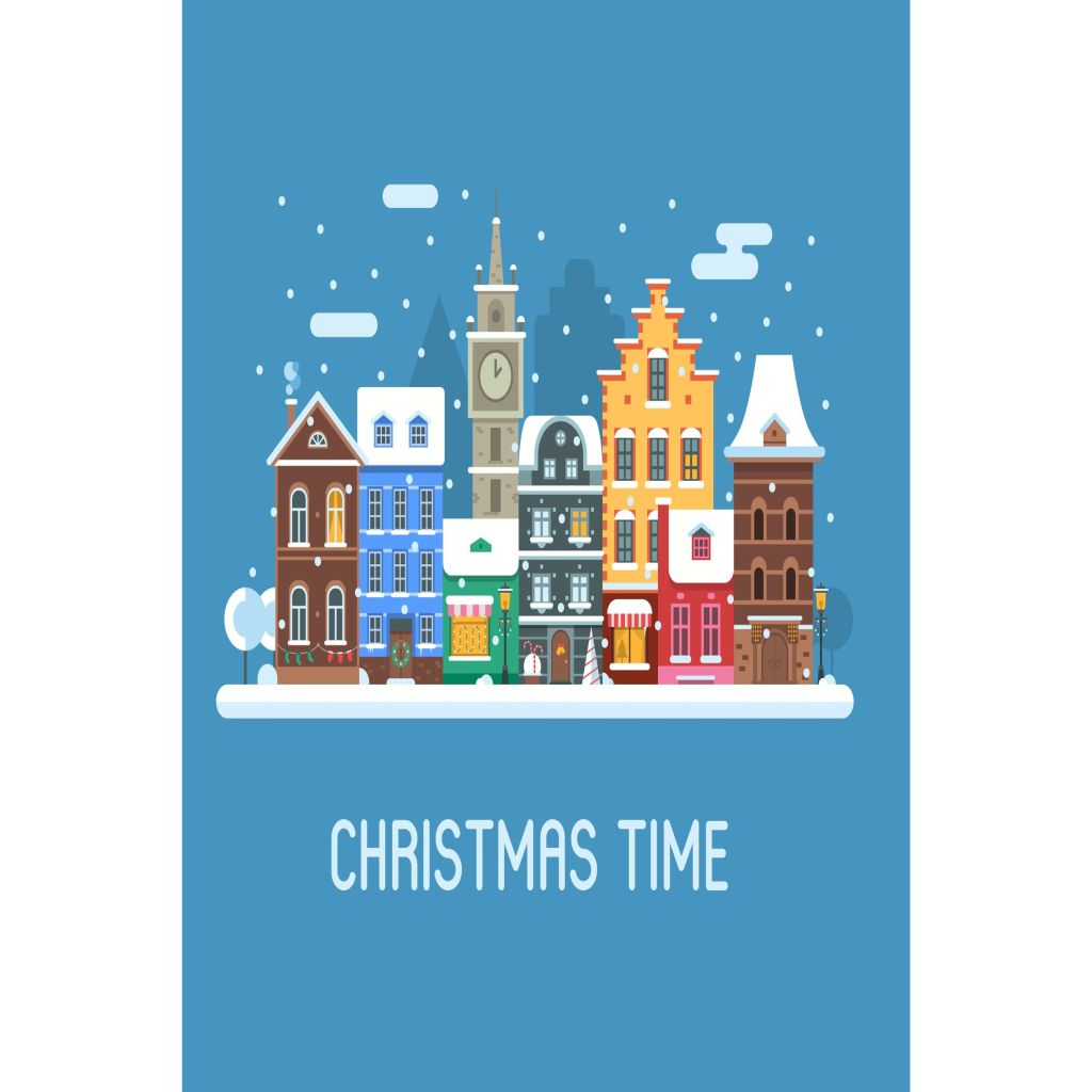 欧洲城镇圣诞节落雪街景矢量插画 Snowy Europe Christmas City Street插图