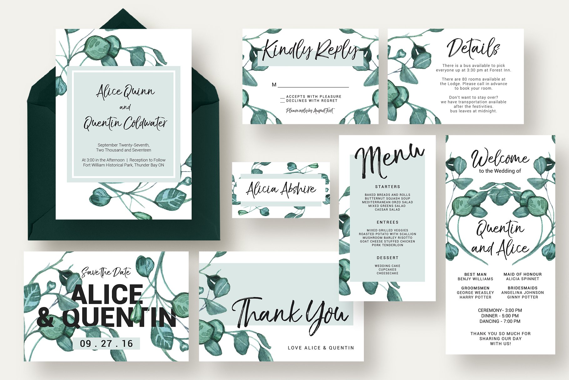 现代桉树装饰图案结婚请柬设计套件 Modern Eucalyptus Wedding Suite