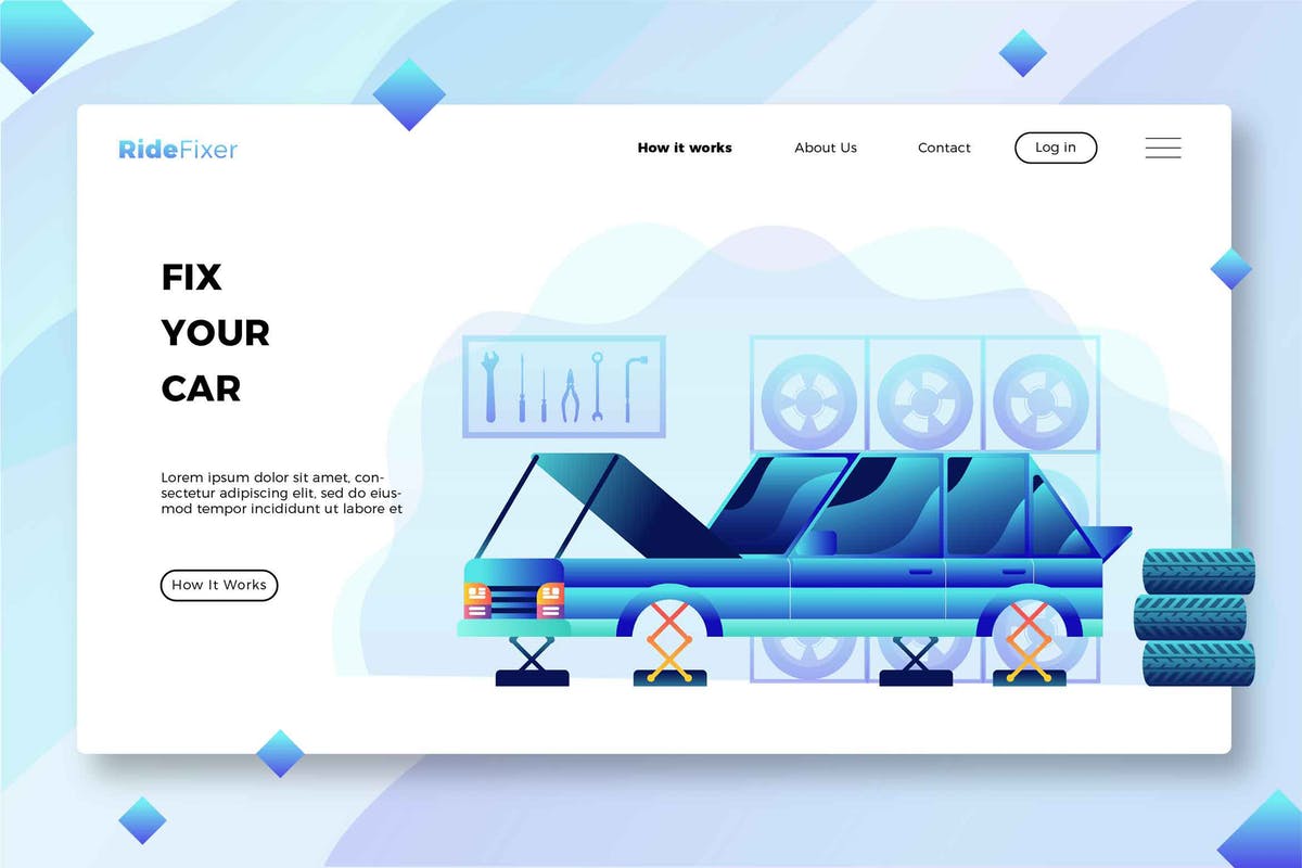 新概念汽车维修服务网站Banner&着陆页设计模板 Car Workshop – Banner and Landing Page