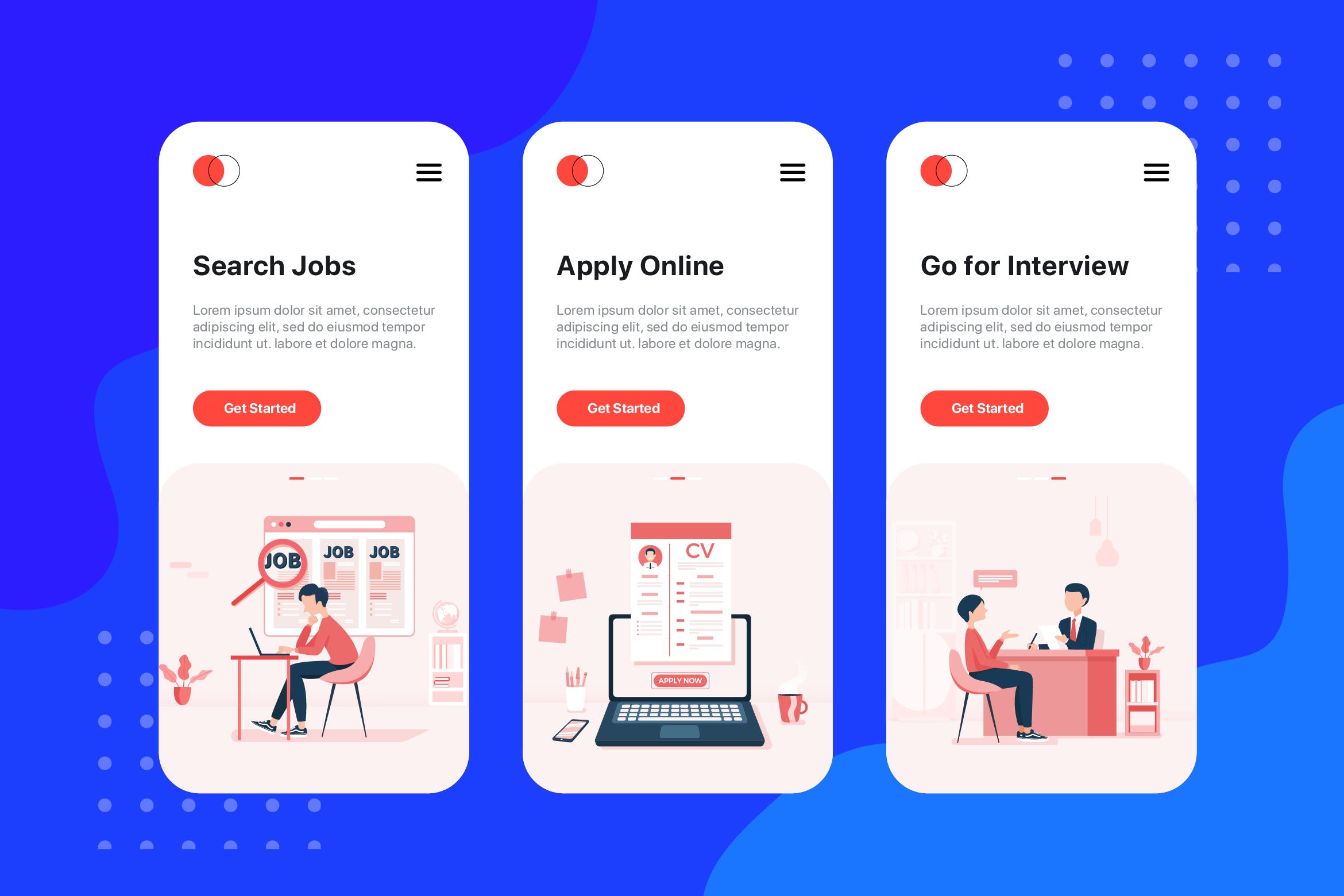 招聘类APP应用引导页设计模板 On boarding screens for Job Search Human Resources