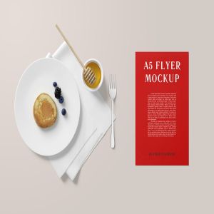 A5品牌传单印刷品样机模板 A5 Portrait Flyer Mockup – Breakfast Set