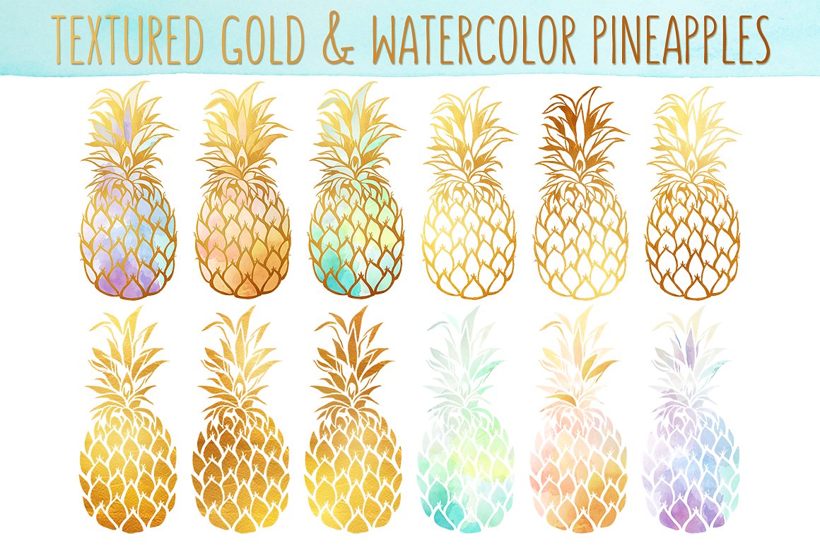 水彩&金色菠萝矢量图形 Watercolor & Gold Pineapples Bundle
