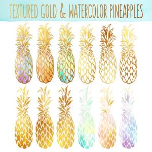 水彩&金色菠萝矢量图形 Watercolor & Gold Pineapples Bundle