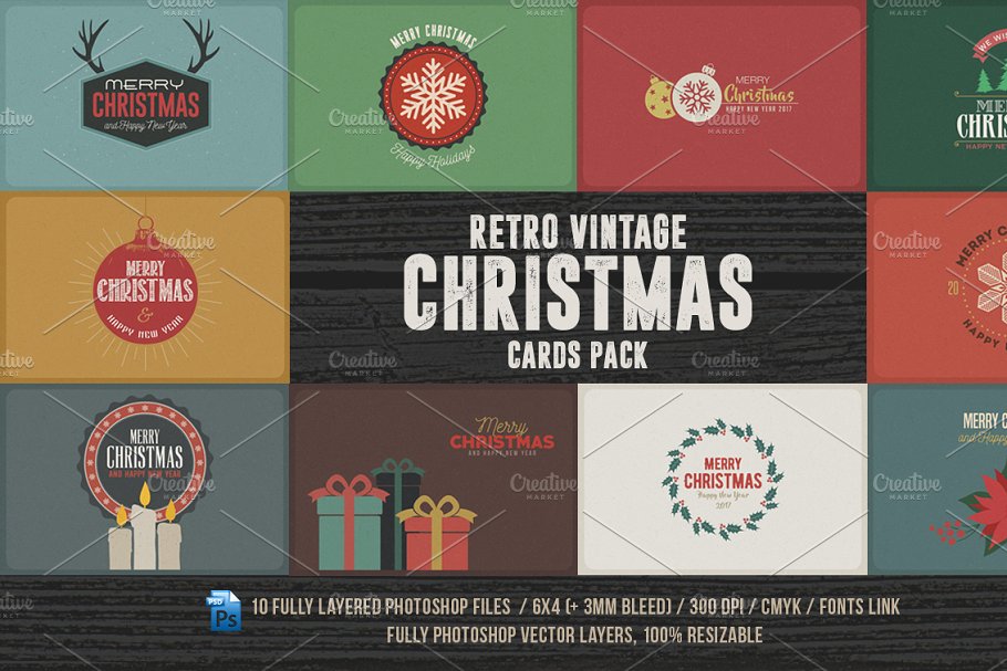 复古圣诞节日贺卡模板合集 Retro/Vintage Christmas Cards Pack
