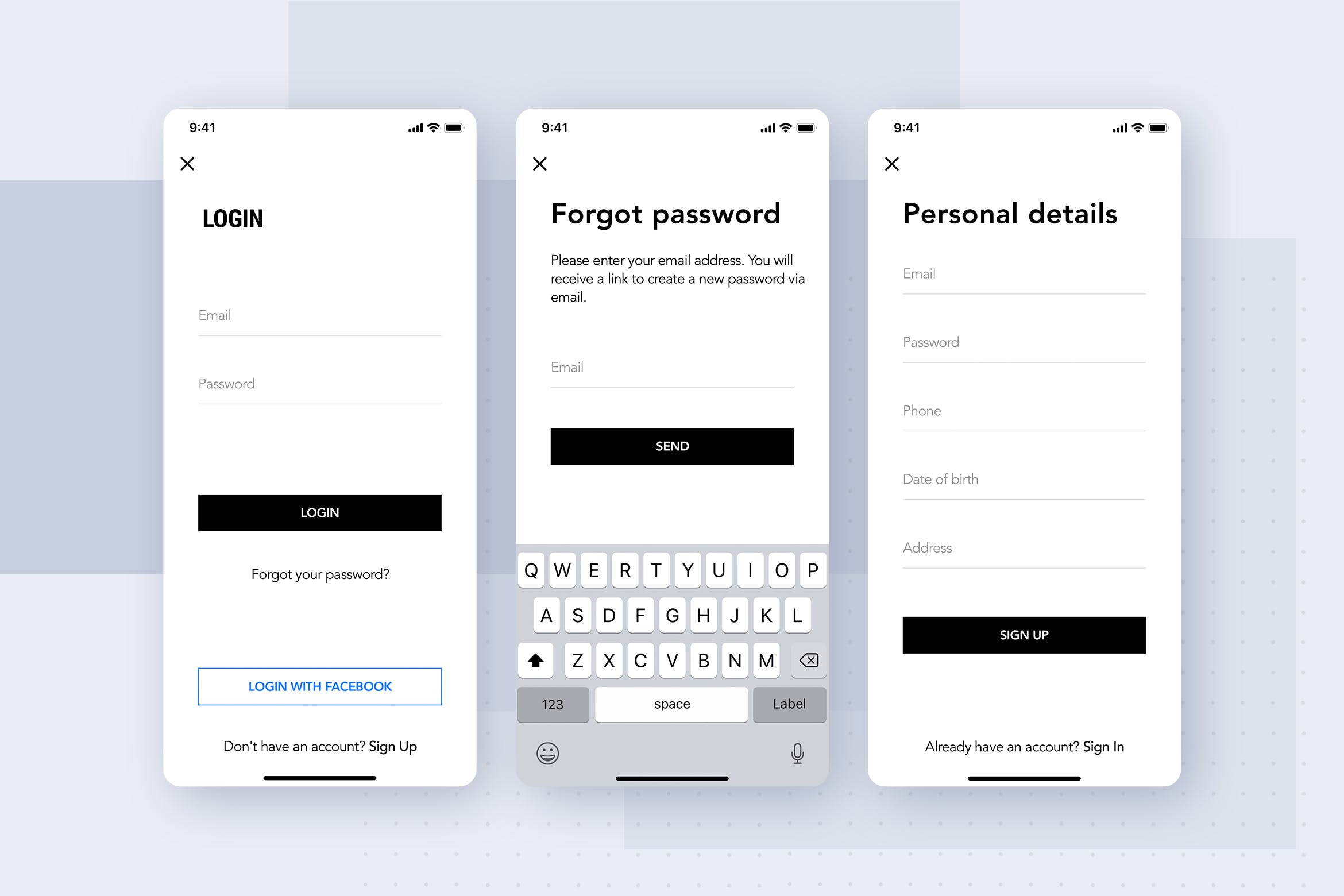 极简设计风格APP应用注册登录界面UI设计模板 Login UX Flow for Mobile App