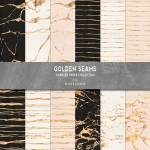 金色接缝条纹大理石纸张纹理 Golden Seams Marbled & Striped Paper