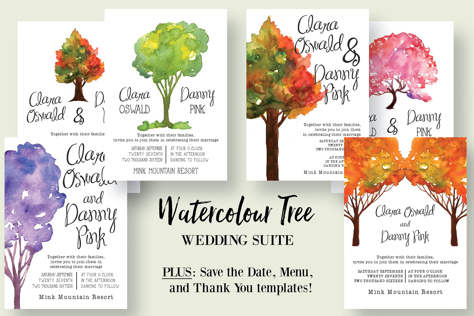 水彩树木婚礼邀请函模板套装 Watercolour Tree Wedding Suite 2.0