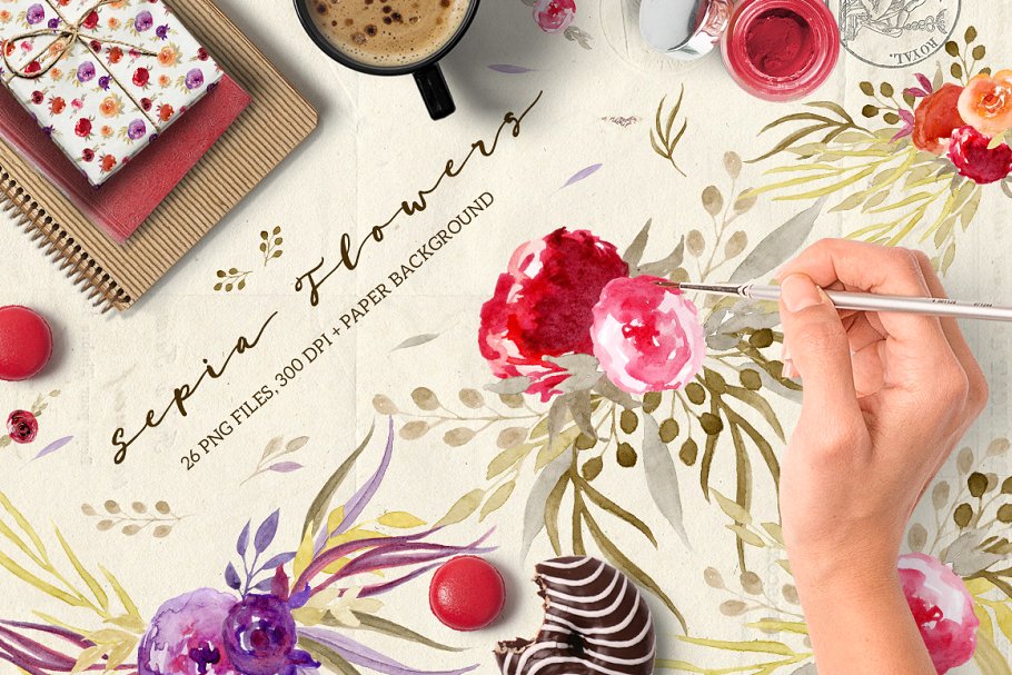 手工彩绘乌贼花剪贴画素材  Sepia Flowers