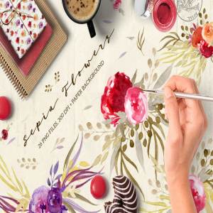 手工彩绘乌贼花剪贴画素材  Sepia Flowers