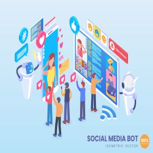 社交媒体机器人社交场景2.5D矢量等距概念插画 Isometric Social Media Bot Vector Concept