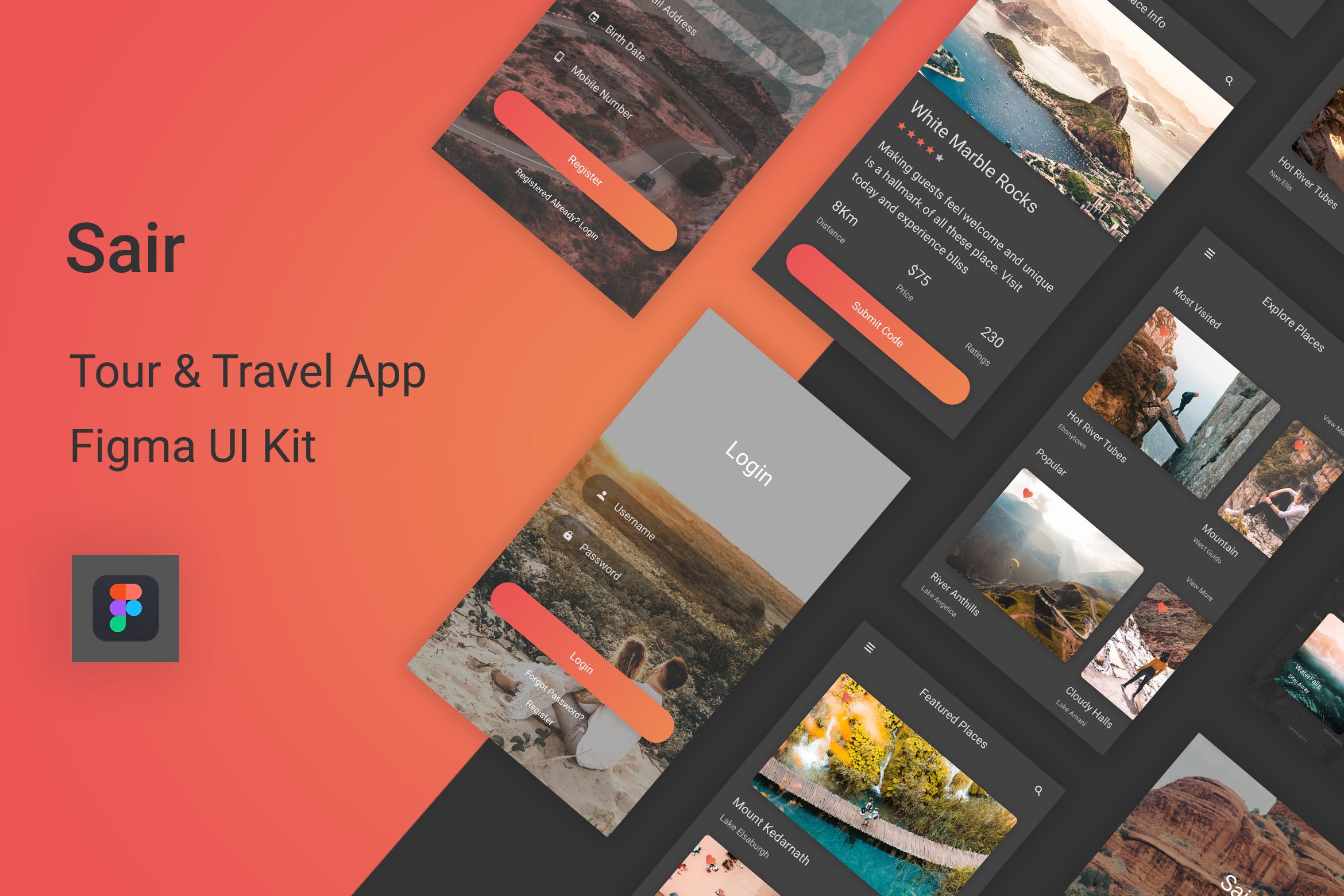 旅游/旅行APP界面设计UI套件Figma模板 Sair – Tour & Travel Figma UI Kit