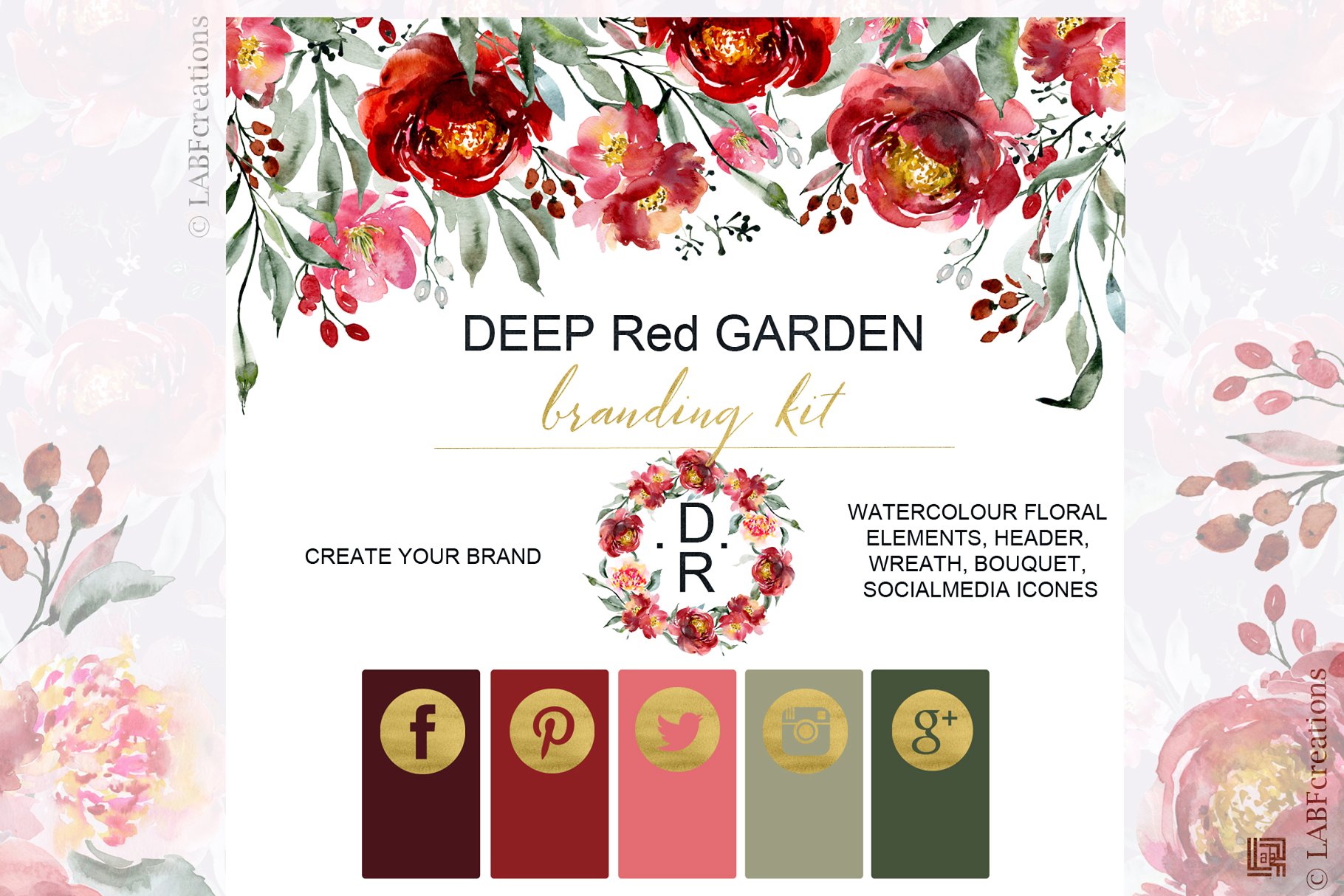深红色水彩花卉元素 Deep red garden. Branding kit.