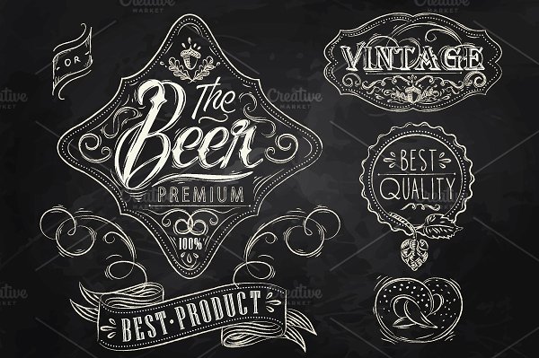粉笔手绘陈酿啤酒插画元素 Vintage Beer Elements