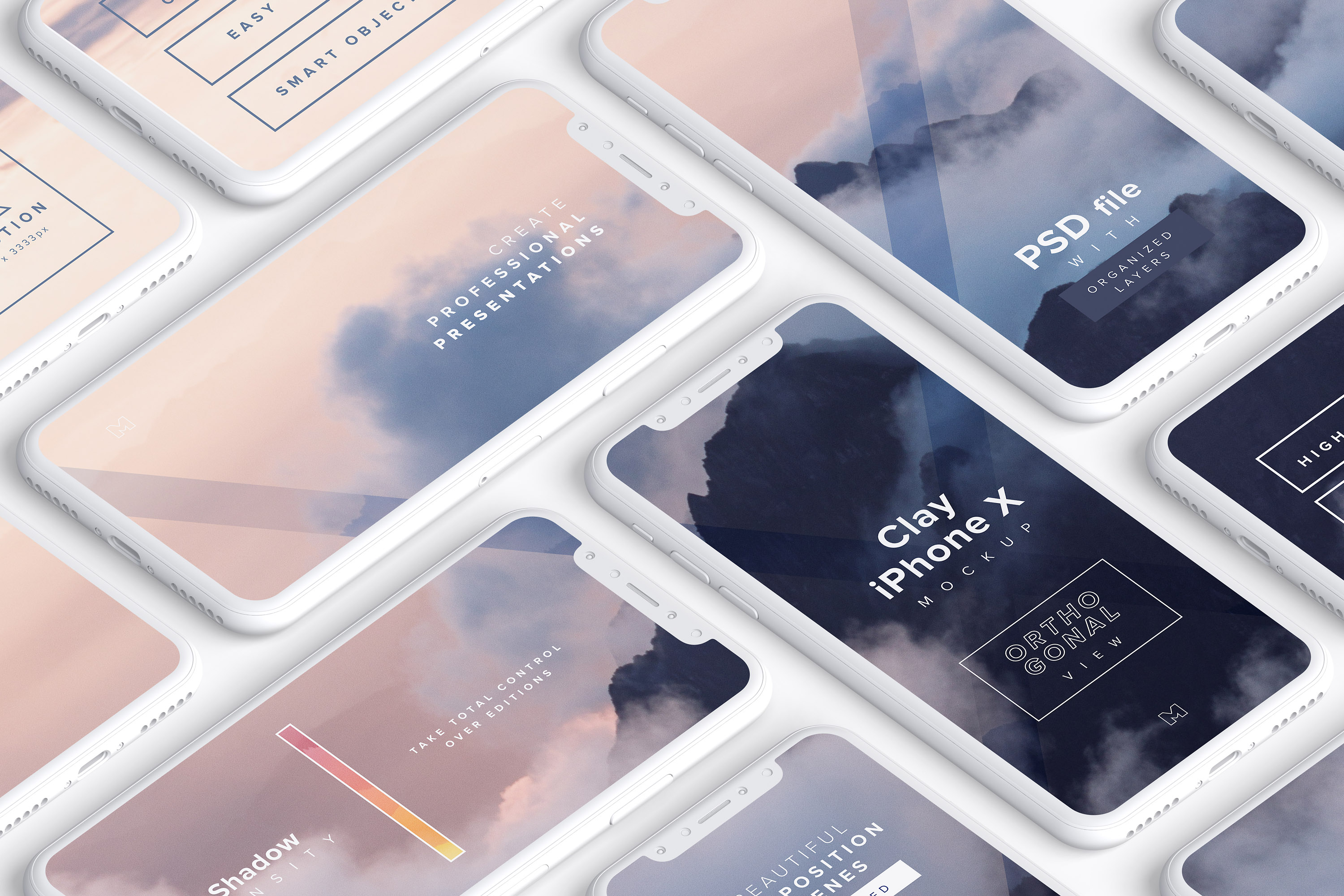 多个iPhone X智能手机屏幕等距平铺视觉样机模板 Clay iPhone X Mockup 02