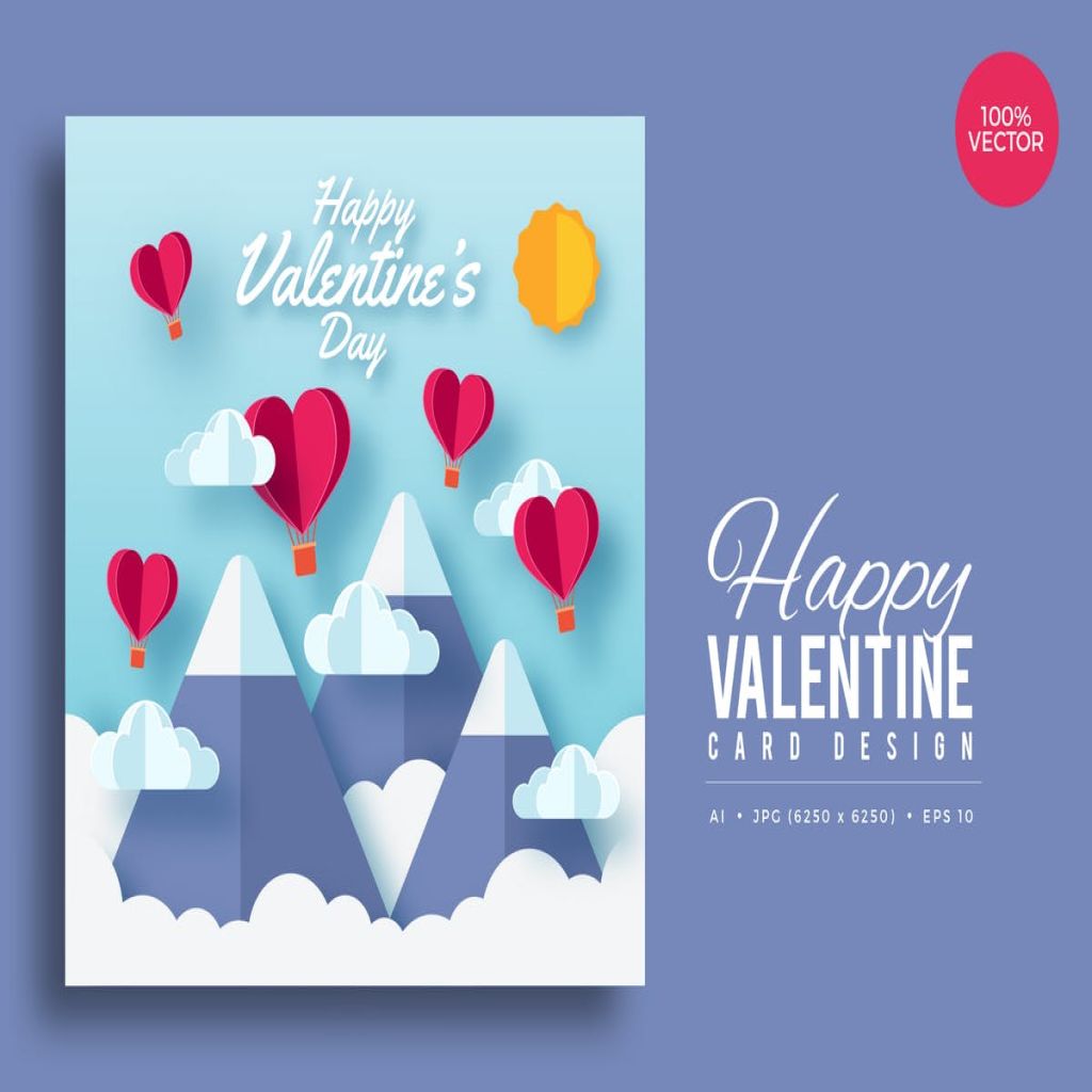 爱心热气球剪纸艺术情人节矢量模板v3 Paper Art Valentine Square Vector Card Vol.3插图