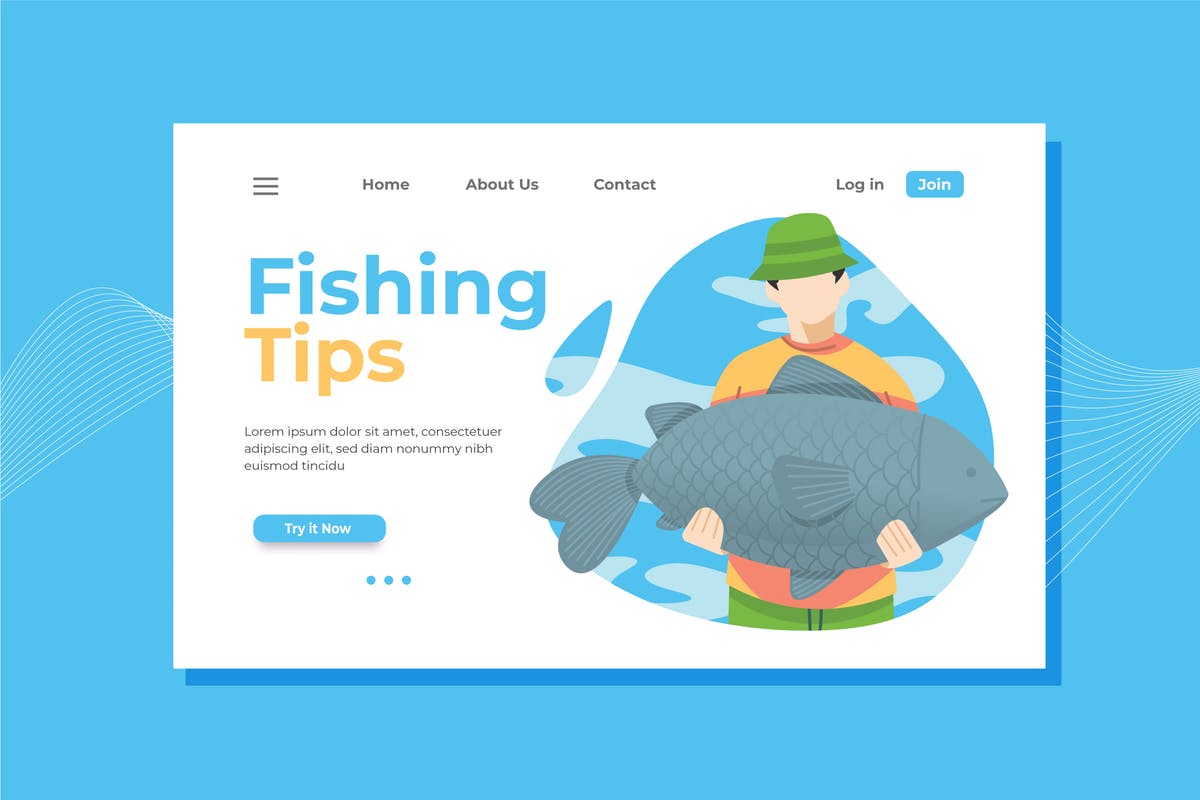 钓鱼钓具网站概念插画网站着陆页设计模板 Fishing Landing Page Illustration