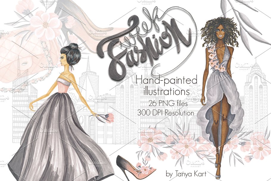 时装周手绘插画&纹理合集 Fashion Week Design Kit