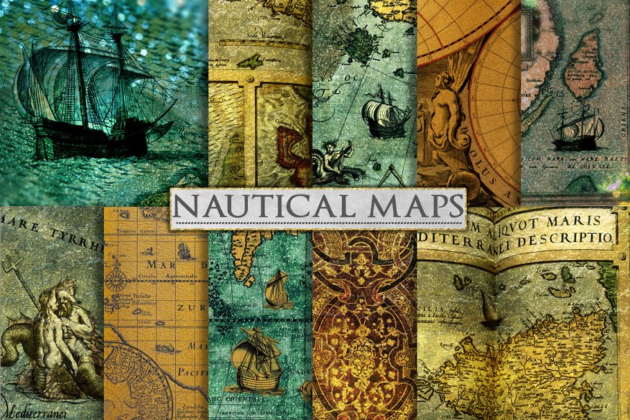 复古奢华航海世界地图背景纹理 Nautical Backgrounds – Sea Map Art