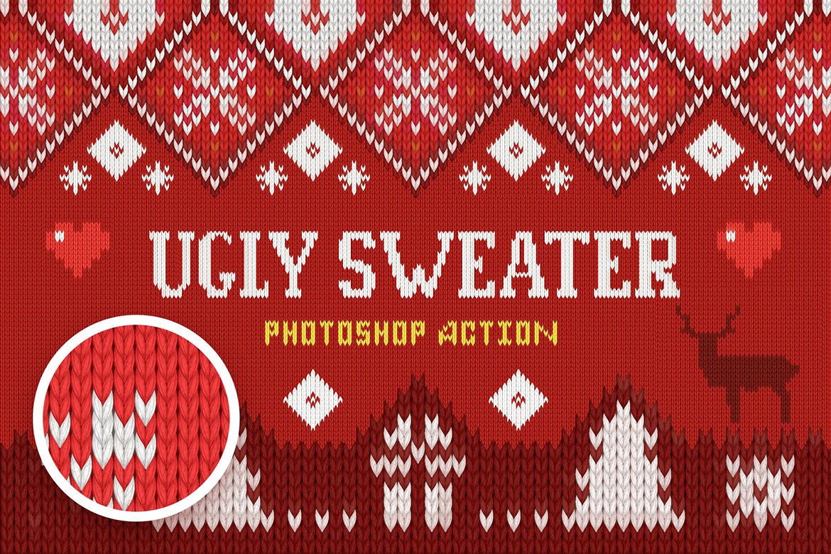 圣诞风格逼真毛衣针织纹理PS动作 Ugly Christmas Sweater Action