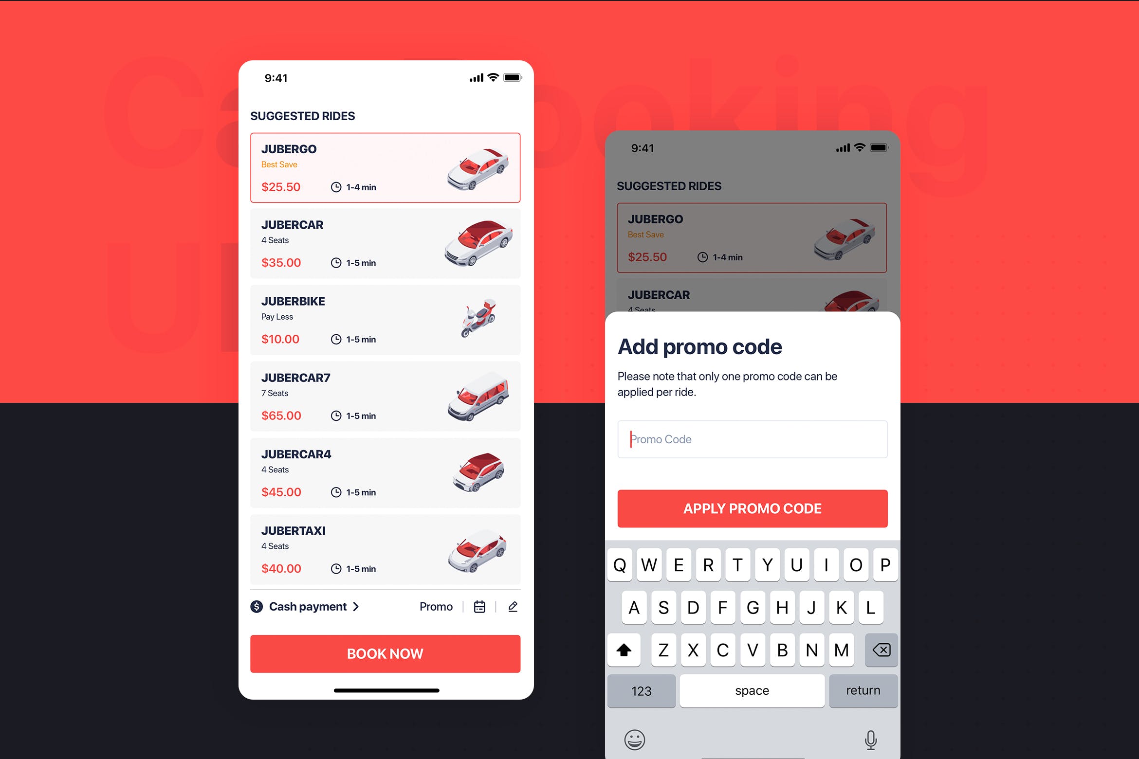 网约车APP应用UI设计之优惠券使用界面设计模板 Car Booking UI mobile concept – Add promo code