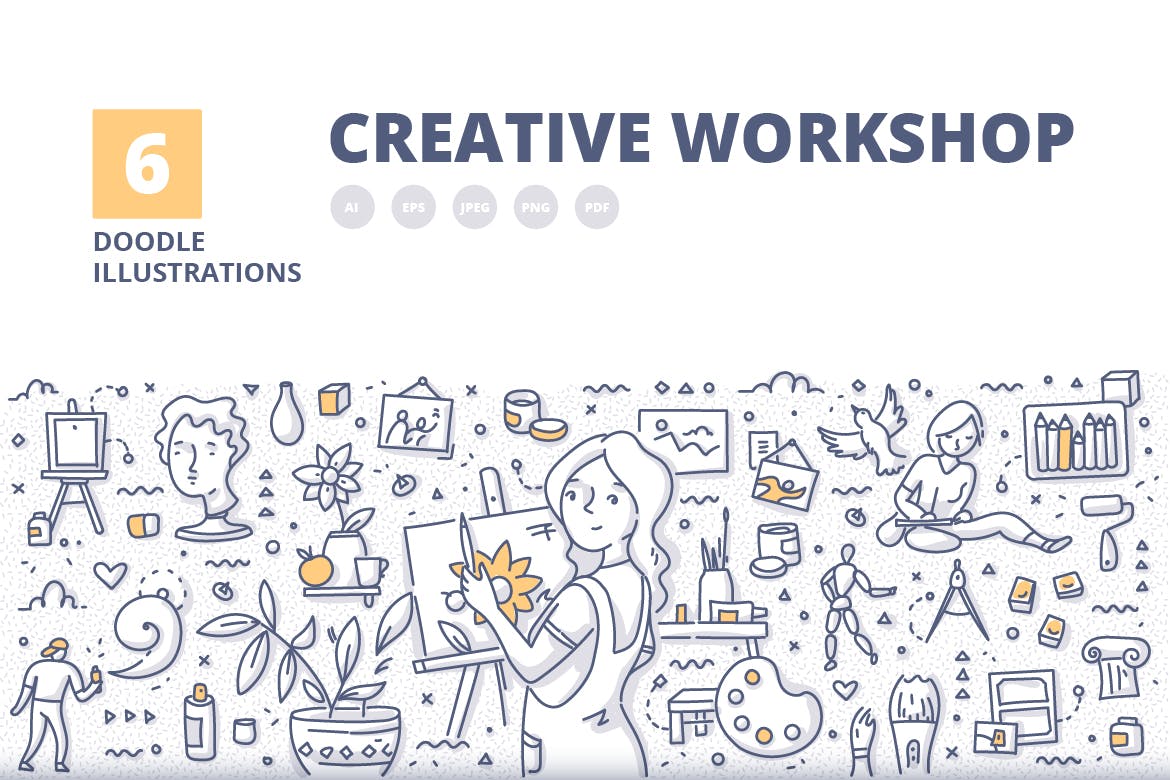 6个创意工作室涂鸦概念插画素材 6 Creative Workshop Doodle Illustration Concepts