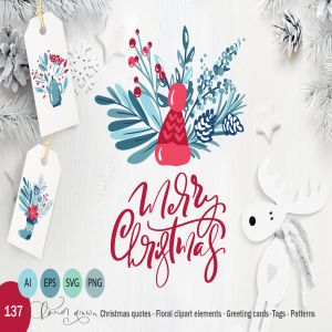 圣诞节主题元素水彩手绘设计素材 Christmas floral holiday elements插图1