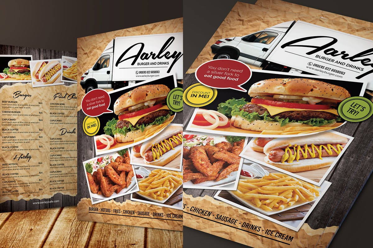 快餐车菜单传单设计PSD模板 Food Truck Menu Flyer