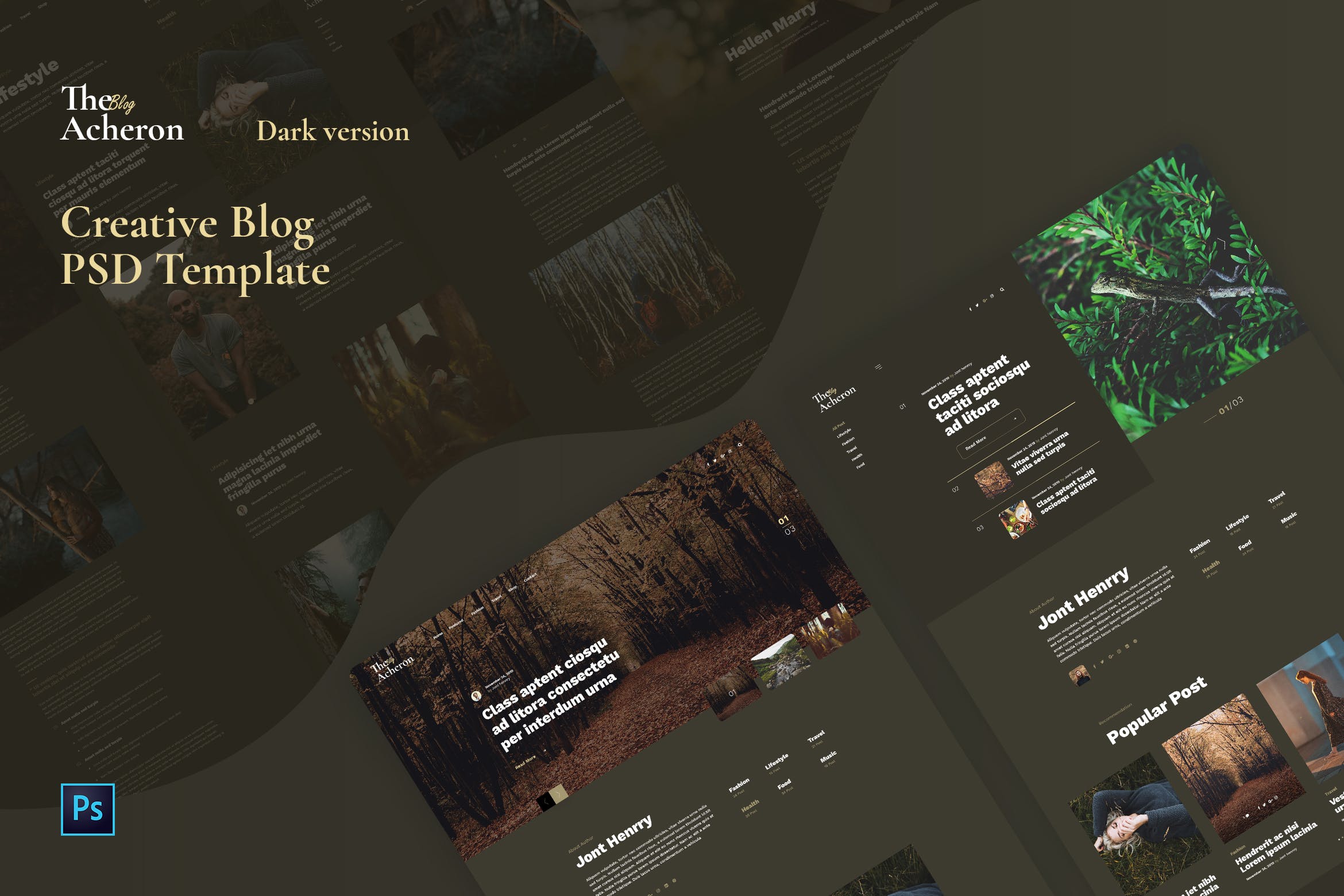 创意博客网站夜间模式界面设计PSD模板 Acheron Dark – Creative Blog PSD Template