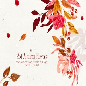 秋天红色水彩手绘花卉剪贴画PNG素材 Red Autumn Flowers
