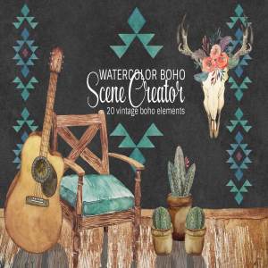 特色怀旧复古时尚水彩Boho场景素材包下载