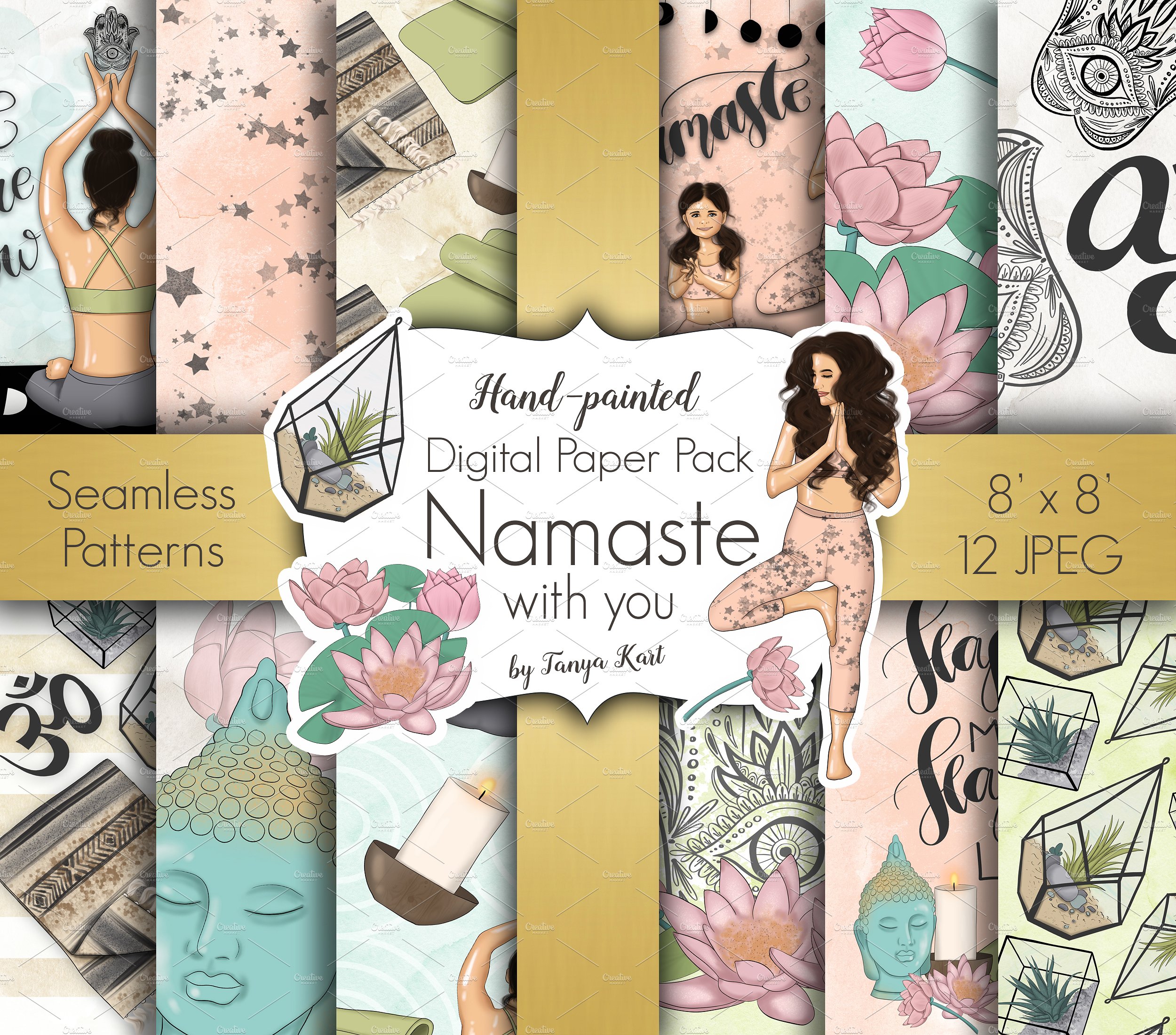 瑜伽经典合十礼动作数字纸张插画设计 Namaste Digital Paper Pack