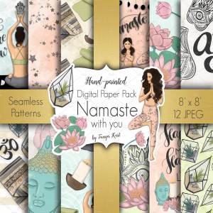 瑜伽经典合十礼动作数字纸张插画设计 Namaste Digital Paper Pack