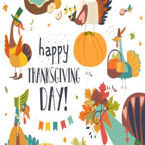 感恩节主题设计矢量手绘设计素材 Funny turkeys with Thanksgiving theme on white bac
