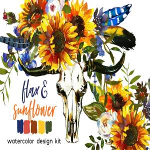 波希米亚风格向日葵亚麻花水彩剪贴画 Boho Sunflower Flax Flowers PNG