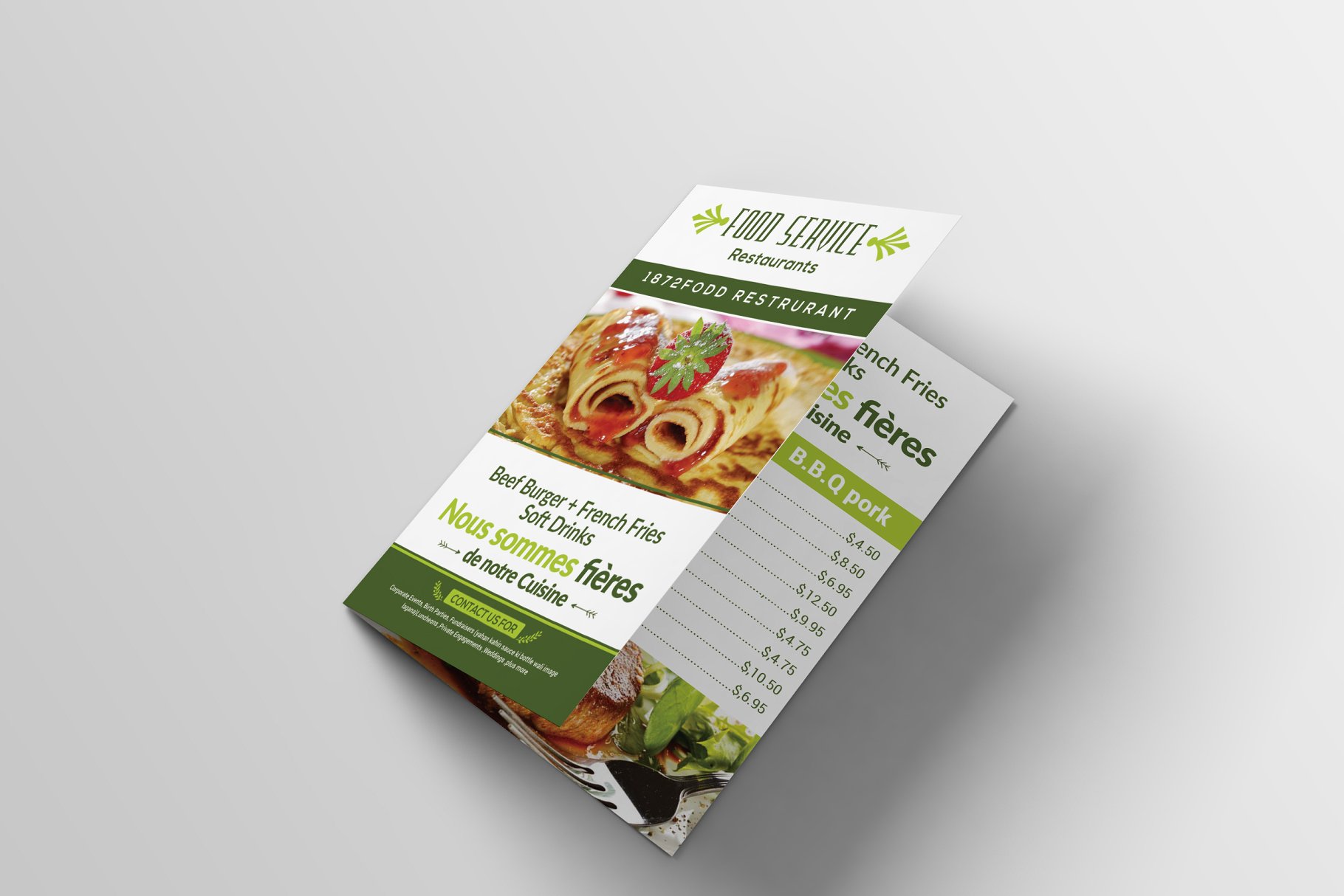 双折页西式快餐餐厅食品菜单模板 Bi-fold Restaurant Food Menu