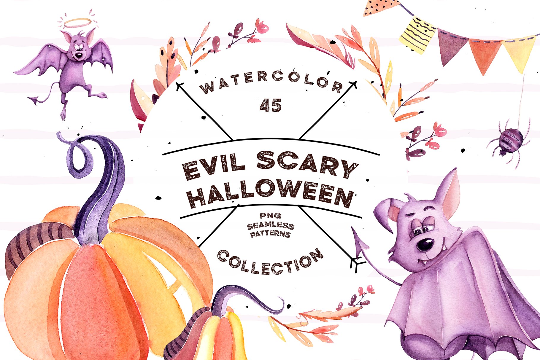 罪恶与万圣节水彩剪贴画素材 Watercolor Evil Scary Halloween