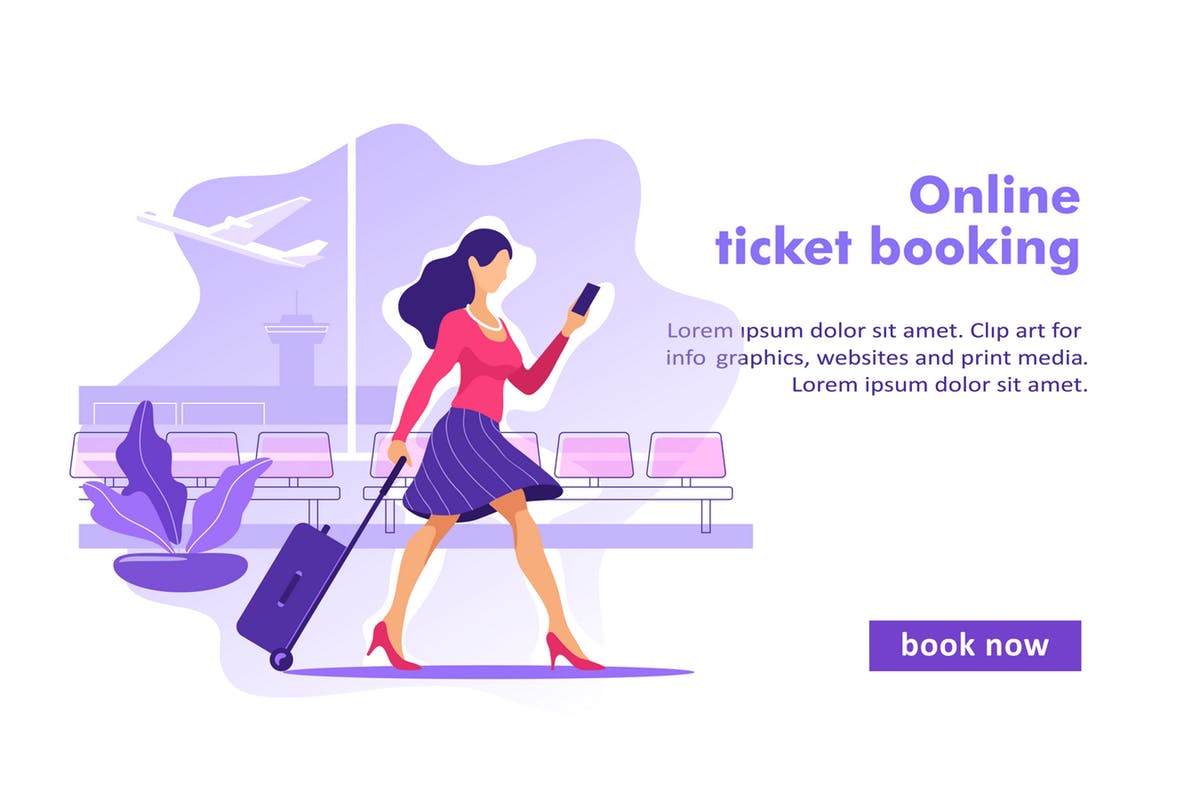 机票在线预订系统概念插画 Flight Tickets Online Booking Concept